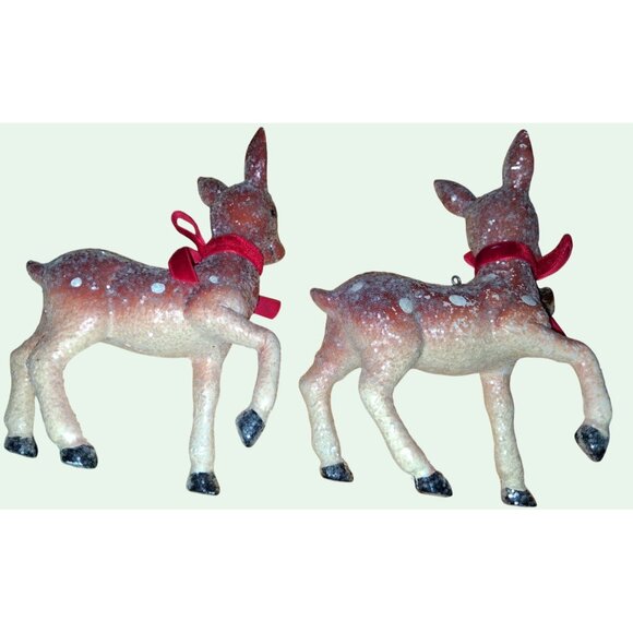 Vintage Flocked Deer Figurines With Red Bows & Bells + Red Bird Clip - Picture 7 of 10